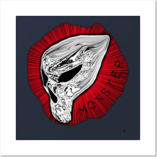 MONSTER , white and black on a red background with text Posters and Art